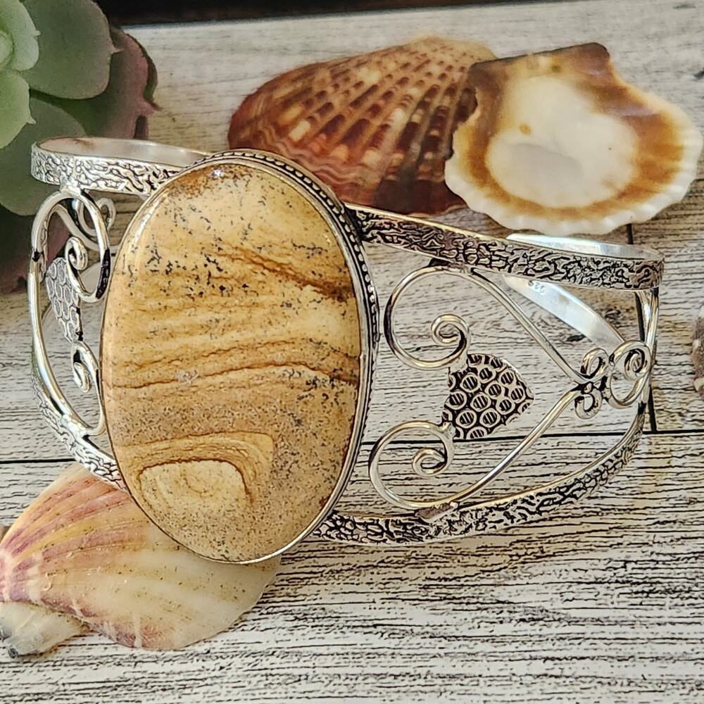 Coastal Cowgirl Picture Jasper Silver Cuff Bracelet